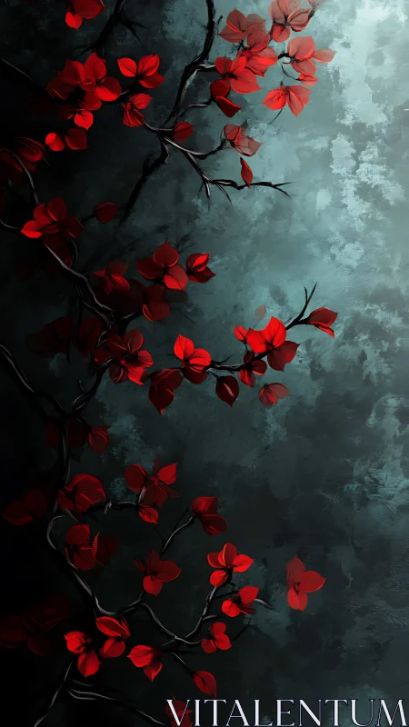 Red leaves on dark twisting branches contrast against teal