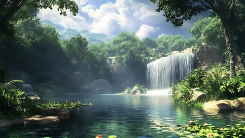 Sunlit jungle waterfall invites quiet moments of gentle wonder