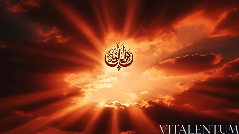 Digital painting of radiant sunset sky with Arabic calligraphy.