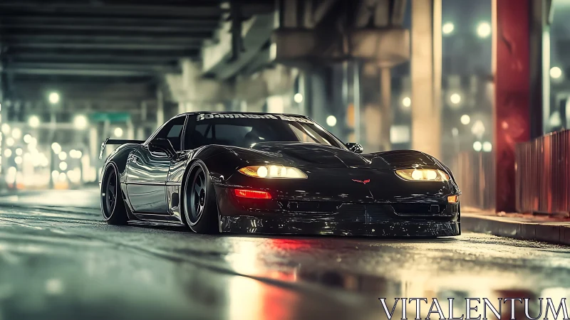 Midnight street predator Corvette under neon overpass glow.