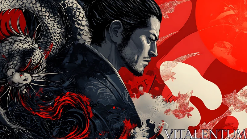 Samurai profile framed by dynamic dragon and abstract reds