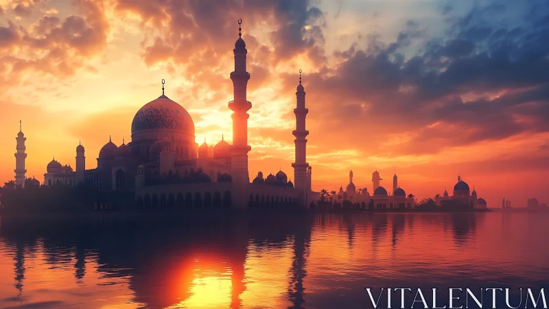 Mosque silhouette stands against vivid orange sunset sky