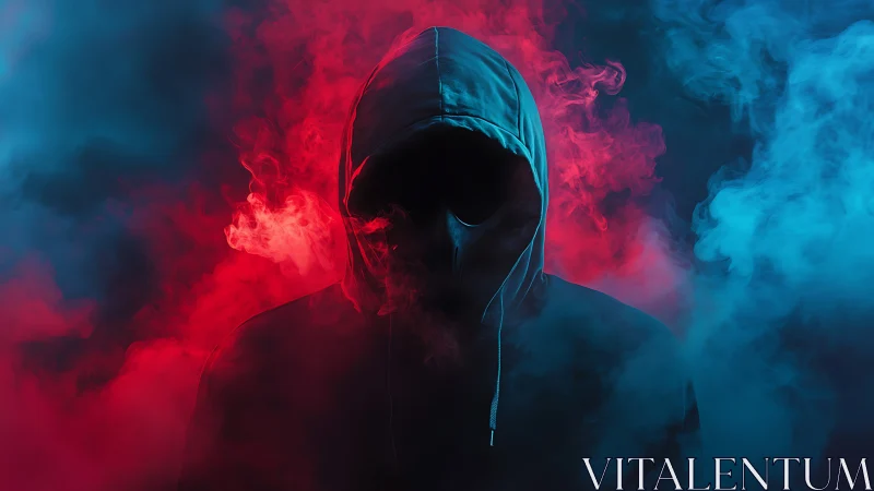 Hooded phantom in neon smoke, split by red and blue fire.