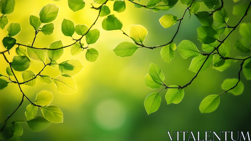 Sunlit Green Leaves on Branches in Soft Nature Background.