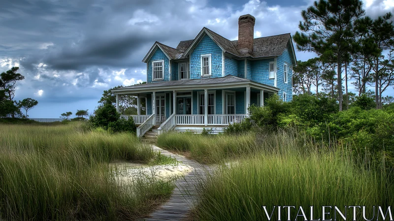 Blue coastal house stands amid dunes under storm sky