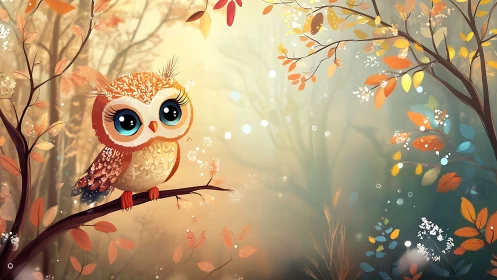 Cute cartoon owl on autumn branch in whimsical forest scene.