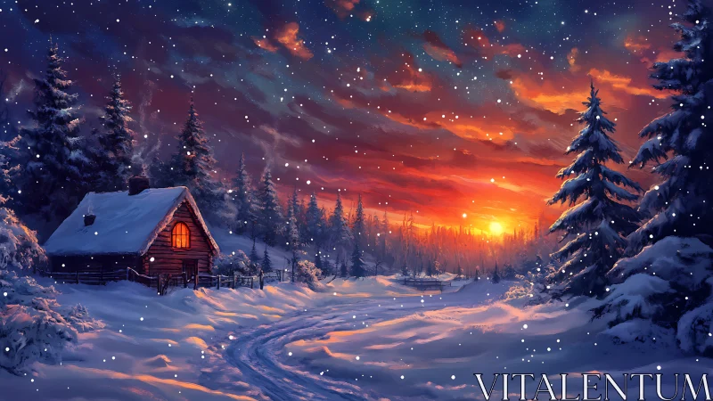 Snow covered cabin stands under vivid winter sunset sky