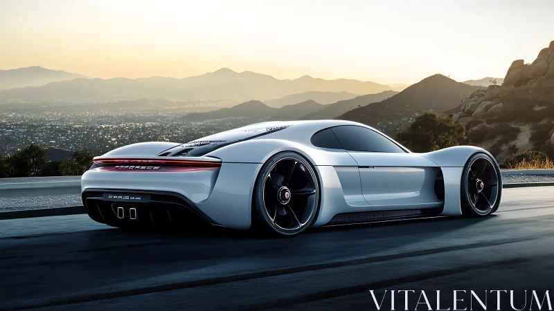 Sleek white supercar cruising into a glowing desert sunset.