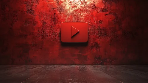 Play button altar in a glowing red concrete studio shrine.