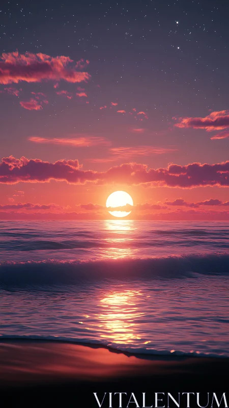 Digital sunset seascape with reflective gradient lighting design.