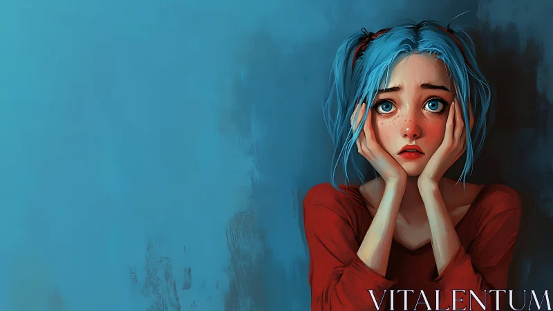 Blue haired girl in red sweater expresses anxious emotion.
