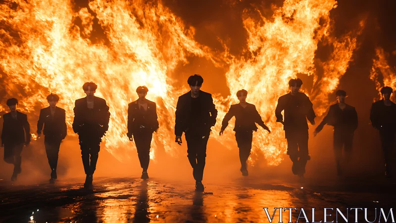 Silhouetted Figures Navigate Towering Inferno.