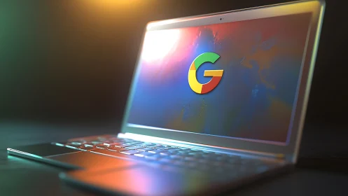 Chromebook display with multicolor logo under spectral glow.