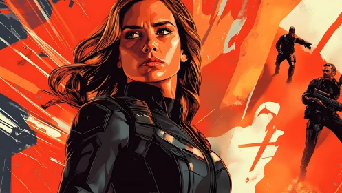 Action heroine portrait in dynamic orange comic composition.
