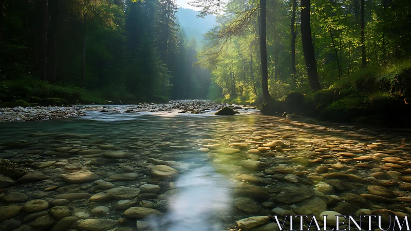 Sunlit forest river glows over smooth stones at golden dawn