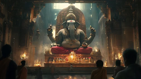 Large Ganesha statue occupies central axis of ornate hall
