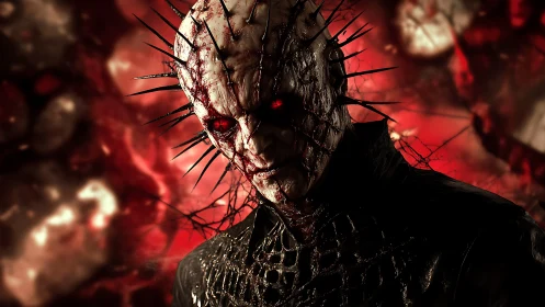 Spiked demonic figure emerges from blood-red infernal haze
