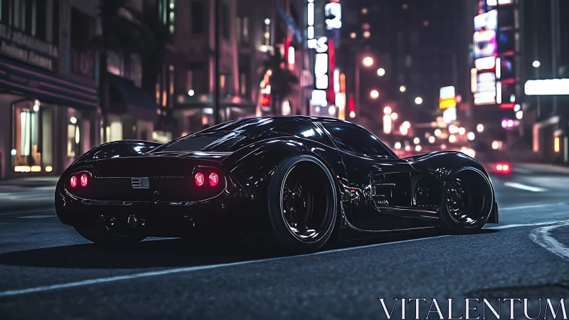 Sleek black sports car on empty neon lit city street at night.