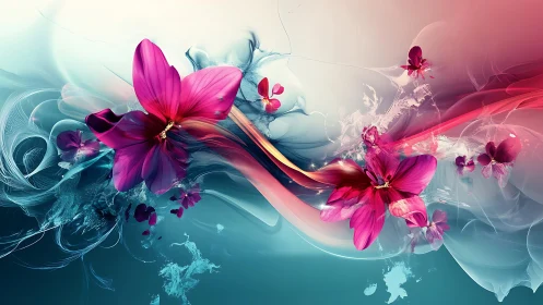 Floral currents drift through neon mist and iridescent air.