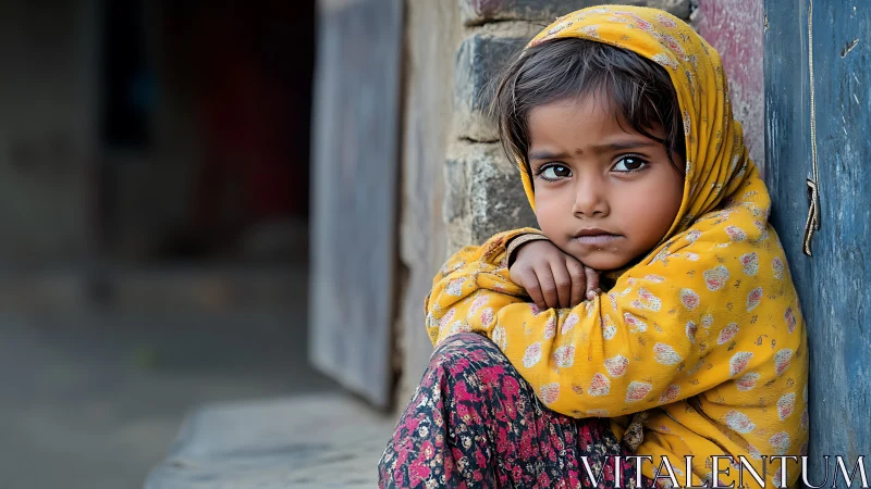 Quiet village portrait of girl in yellow patterned shawl.