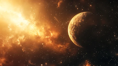 Distant planet glows in a golden nebula filled cosmos