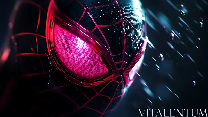 Rain-soaked neon spider mask rendered in cinematic close-up