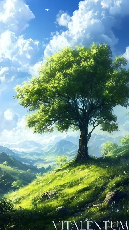 Solitary hillside tree above layered distant valleys.