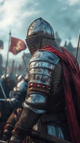 Armored knight in battlefield formation, reflective plate armor.