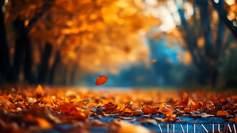 Fallen autumn leaves along a blurred tree lined pathway.