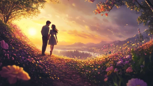 Couple at Sunset Among Flowering Hillside.