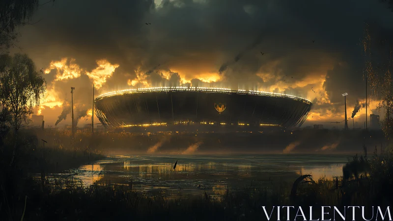 Illuminated stadium structure stands behind wetland foreground