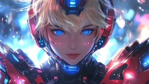 Cybernetic heroine portrait with luminous blue optics.