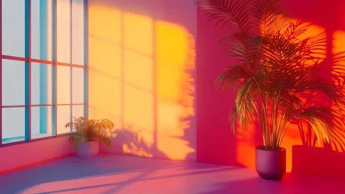 Colorful interior corner with potted palms and long shadows.