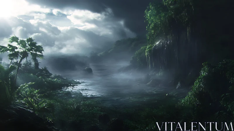 Tropical Landscape with Mist-Covered Waterway