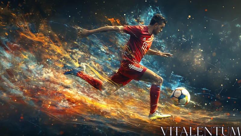 Blazing soccer player charges forward in a whirlwind of color