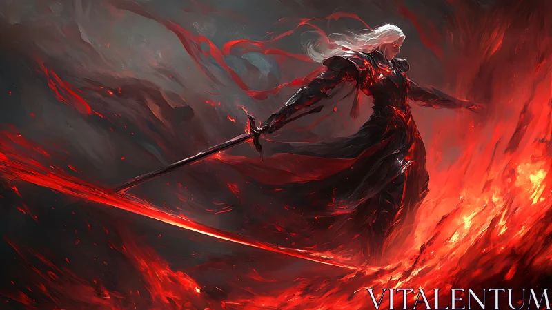 Fire-wreathed dark knight cleaves blazing inferno wave.