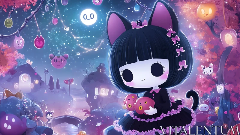 Anime nocturnal cat-girl in pastel gothic lantern village.