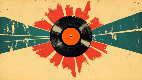 Central vinyl record with radial distressed graphic burst and rays