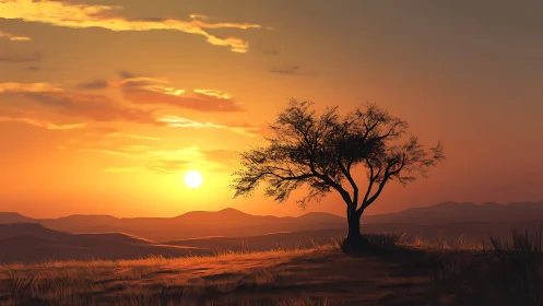 Solitary tree on low hill against layered sunset horizon.
