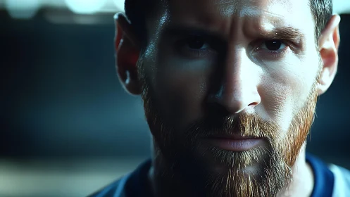 Intense close up of bearded male face under hard light.