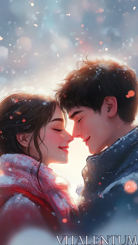 Two figures share an intimate moment in ethereal winter light.