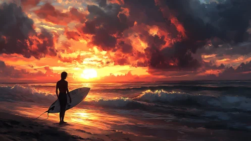 Surfer contemplates glowing sunset over crashing waves.