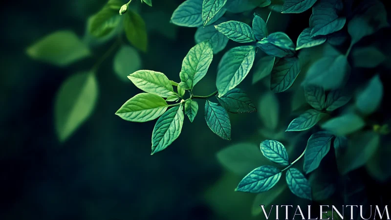 Botanical close-up with luminous foliage on deep bokeh field.