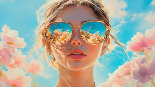 Sunlit daydream reflects bright blossoms in golden sunglasses