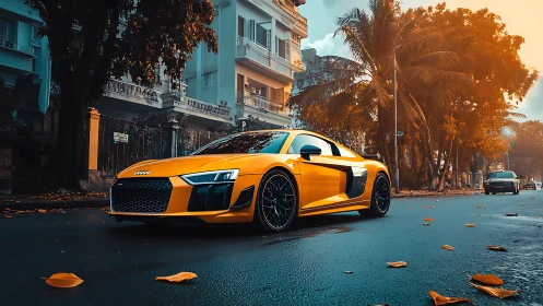 Yellow sports car on wet city street with trees and houses.