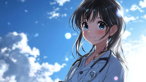 Kindhearted anime doctor smiling under a bright blue sky.