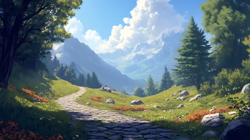 Sunlit stone path winding through alpine summer meadows.