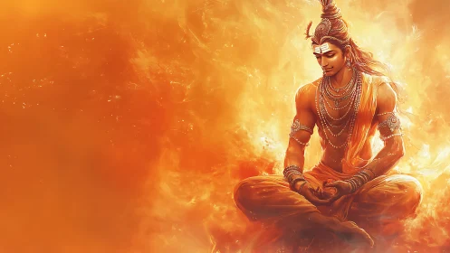 Fiery meditative deity seated in radiant orange glow.