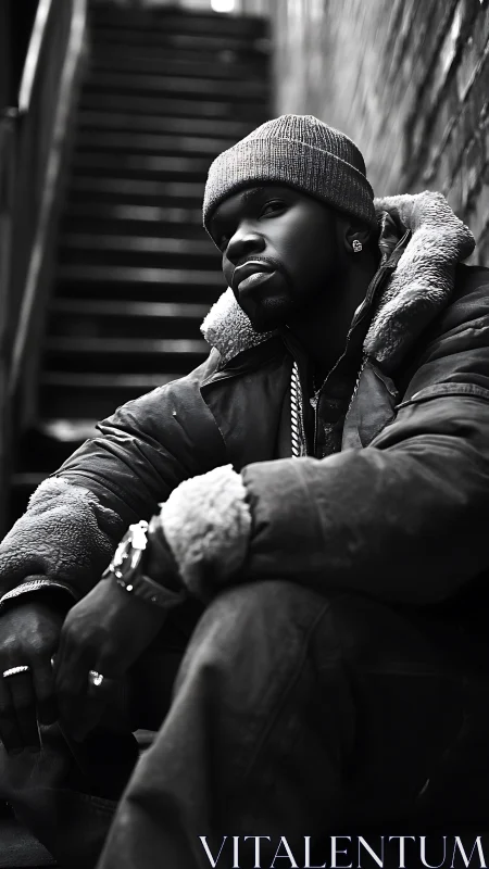 City stairwell quiet with a thoughtfully stylish stranger.