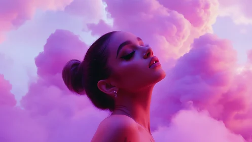 Dreamy woman drifting through glowing cotton-candy clouds.